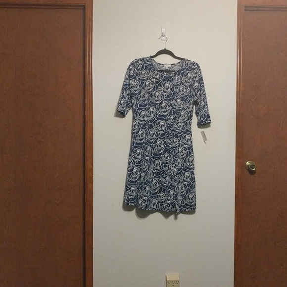 Olivia Matthews Blue White Roses Fit Flare Dress L - Picture 1 of 6